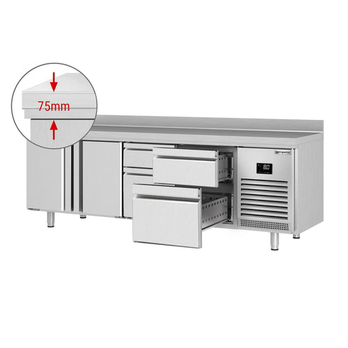 Kylmäpöytä PREMIUM PLUS - 2452x600 mm - 510 l - 2 ovea - 4 laatikkoa - Takakoroke