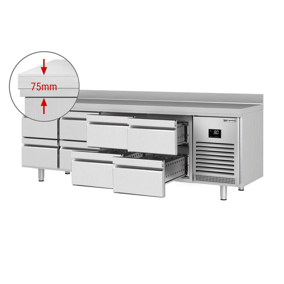 Kylmäpöytä PREMIUM PLUS - 2452x600 mm - 510 l - 8 laatikkoa - Takakoroke