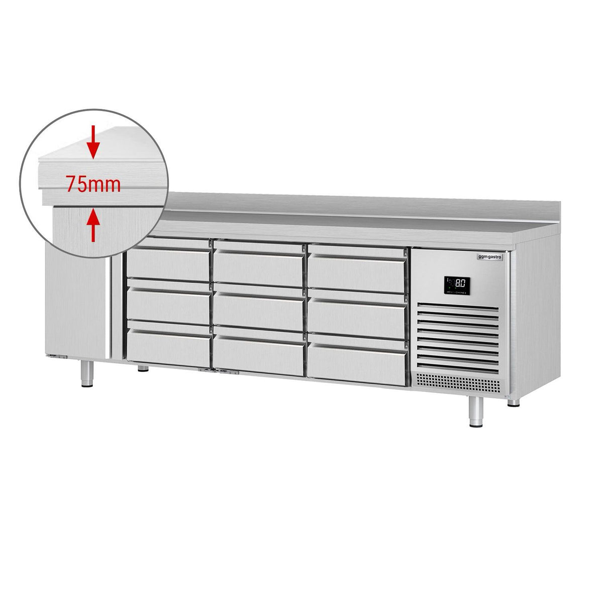 Kylmäpöytä PREMIUM PLUS - 2452x600 mm - 510 l - 1 ovea - 9 laatikkoa - takakorokkeella