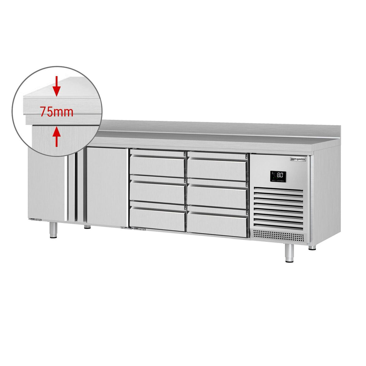 Commercial Counter Fridge PREMIUM PLUS - 2452x600mm - with 2 doors - 6 drawers 1/2 - with upstand - capacity 510 litres