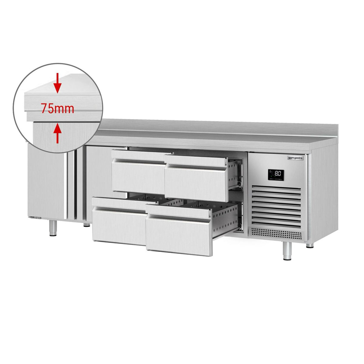 Kylmäpöytä PREMIUM PLUS - 2452x700 mm - 625 l - 2 ovea - 4 laatikkoa - Takakoroke