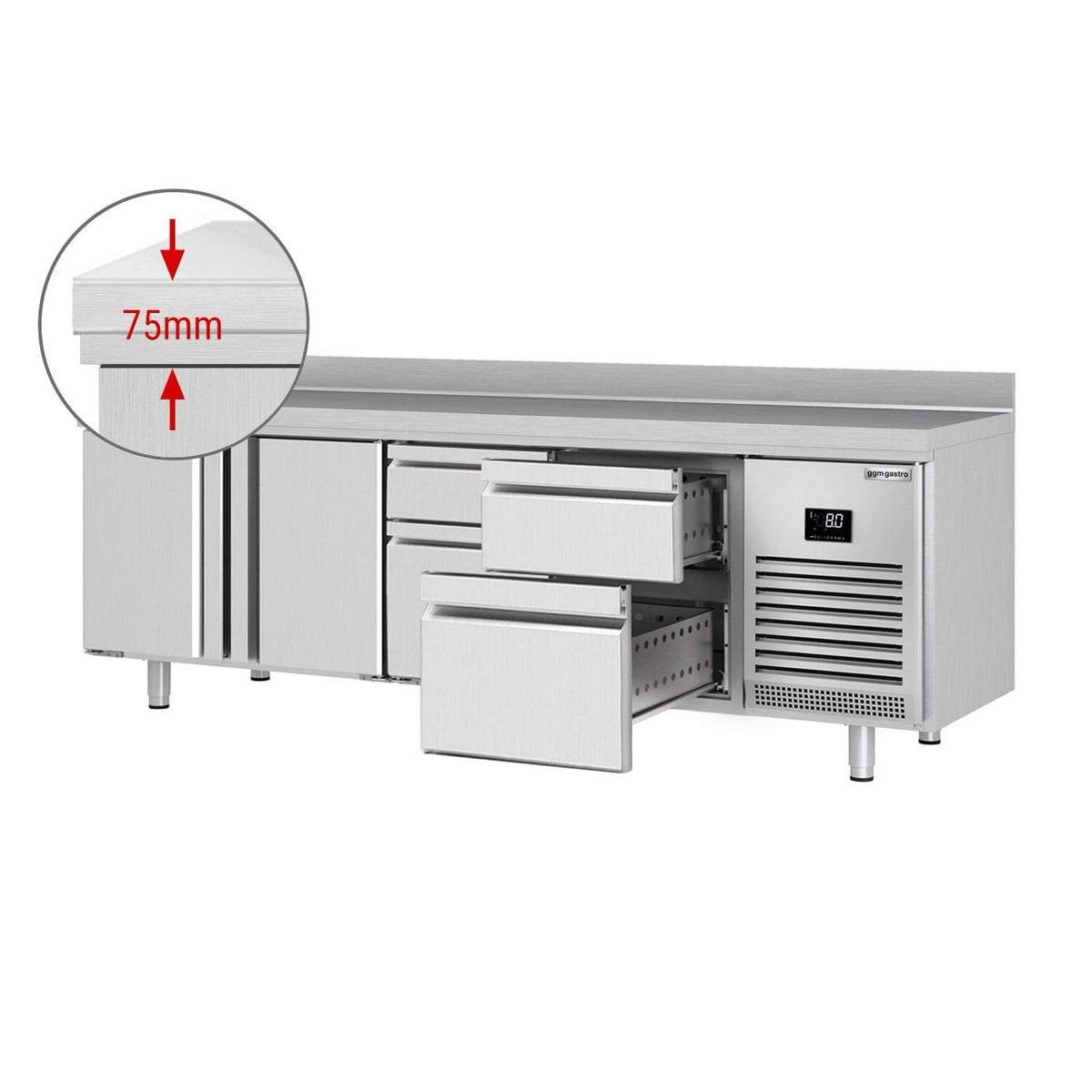 Kylmäpöytä PREMIUM PLUS - 2452x700 mm - 625 l - 2 ovea - 4 laatikkoa - Takakoroke