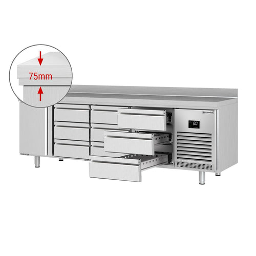 Kylmäpöytä PREMIUM PLUS - 2452x700 mm - 625 l - 1 ovea - 9 laatikkoa - Takakoroke