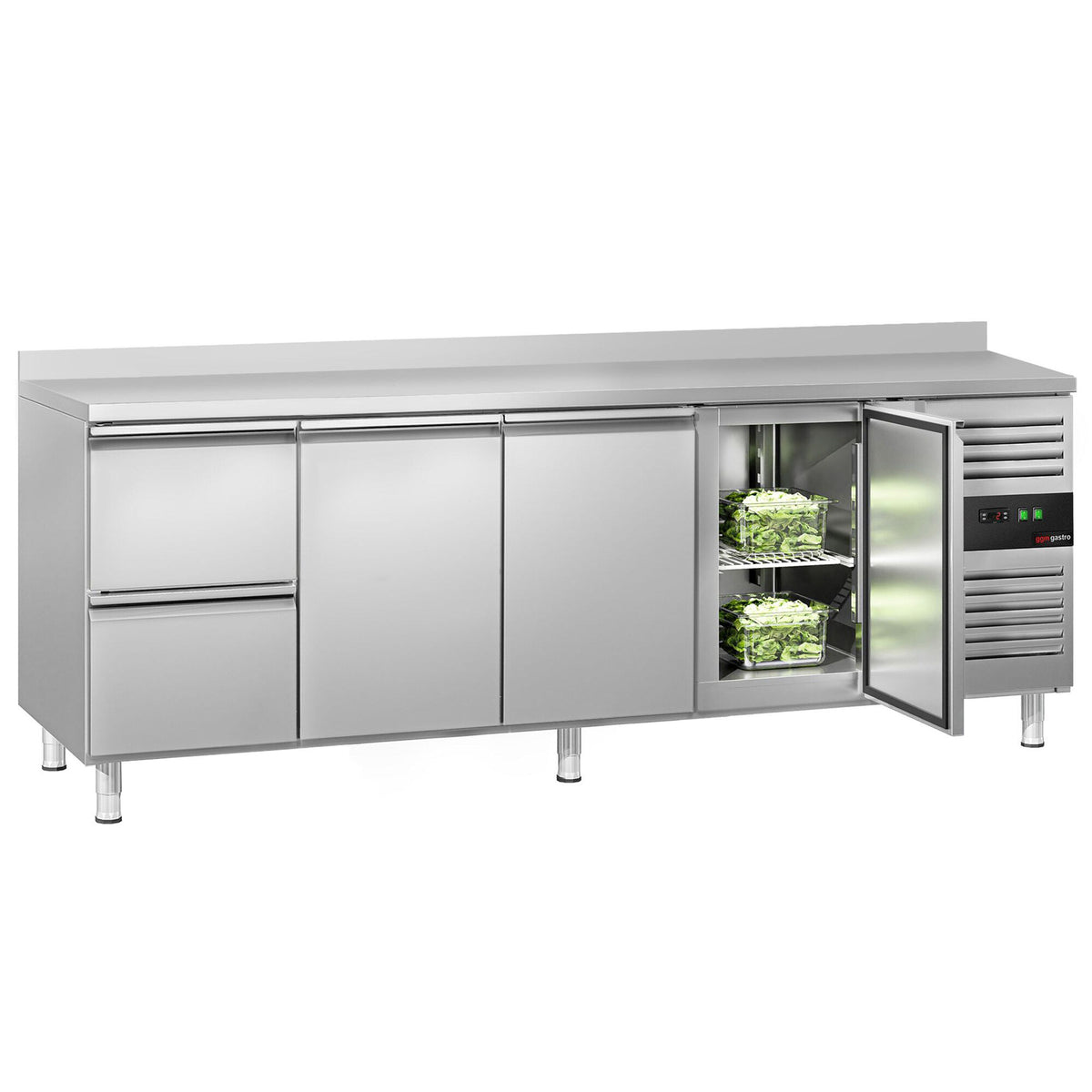 Kylmäpöytä ECO – 2230 x 700 mm – 3 ovea – 2 laatikkoa – reunus