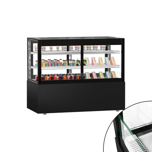Commercial cake display fridge MADRID Self-Service - 530L - 1500mm - Double glazing - square - with 2 glass shelves - rear sliding doors - incl. night curtain - for patisserie - Black matt