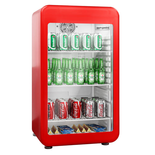Commercial Mini Bar Refrigerator - 495mm - 113L - with 1 glass door & reversible hinges - Red - Double-glazed glass door