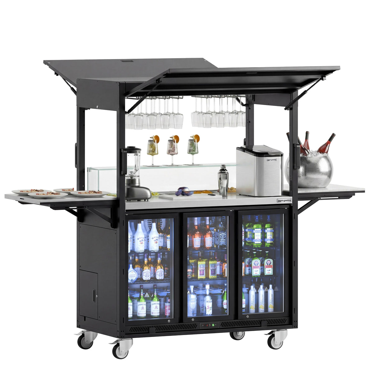 Commercial Mobile Cocktail Station – Includes Bar Fridge, Work Surface, Glass Shelf & LED Lighting – Fold-Out Design