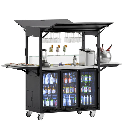 Liikuteltava cocktail-asema - baarijääkaapilla, työtasolla, lasitasolla ja LED-valaistuksella - saranoitu
