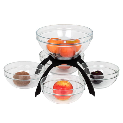 Buffetteline - BLACK LINE - musta; ruostumaton teräs & lasi - 360x360 mm - 5-tasoinen - Korkeus: 340 mm - sis. 4 lasikulhoa 170x170 mm, 1 lasikulho 200x200 mm