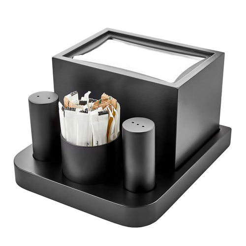 (12 pcs) Cruet Set - 4-piece - Stainless steel stand - napkin holder, toothpick holder, salt & pepper - Height: 200mm - Black