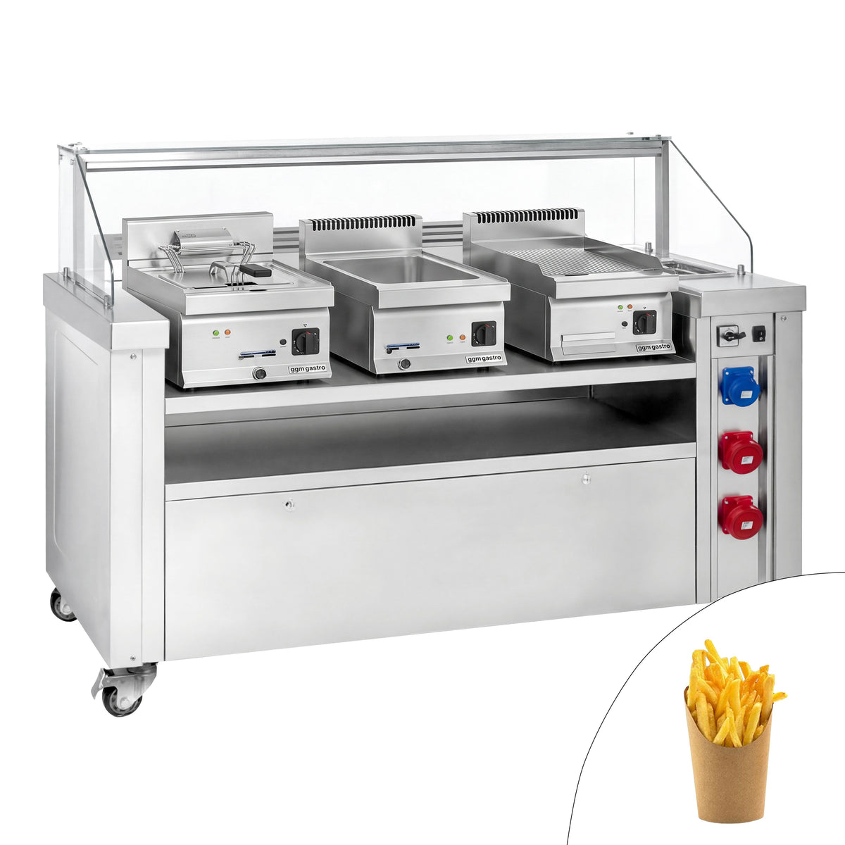 Liikuteltava keittopiste - 1600x850 mm - Korkeus: 1170 mm - sis. friteerauskeitin, paistotaso & lämpöhaude