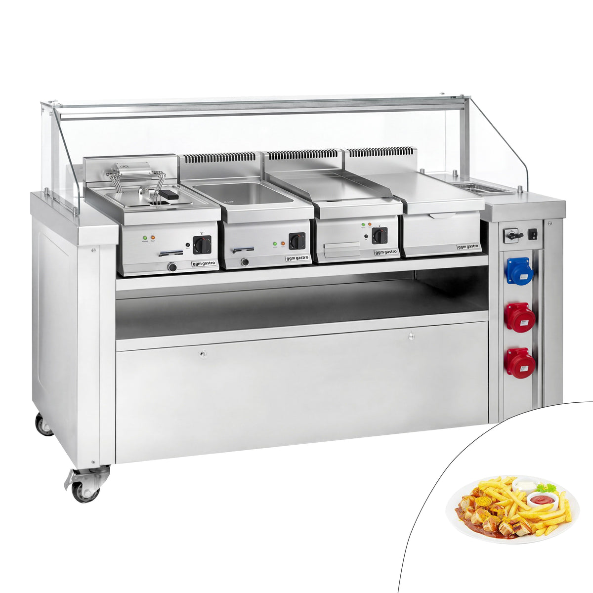 Liikuteltava keittopiste - 1600x850 mm - Korkeus: 1170 mm - sis. friteerauskeitin, paistotaso, lämpöhaude & neutraali työtaso