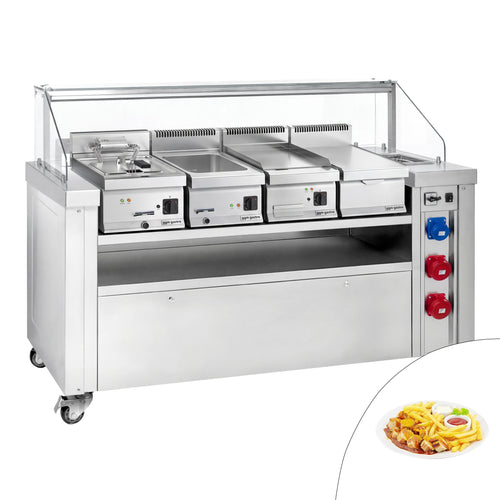 Liikuteltava keittopiste - 1600x850 mm - Korkeus: 1170 mm - sis. friteerauskeitin, paistotaso, lämpöhaude & neutraali työtaso