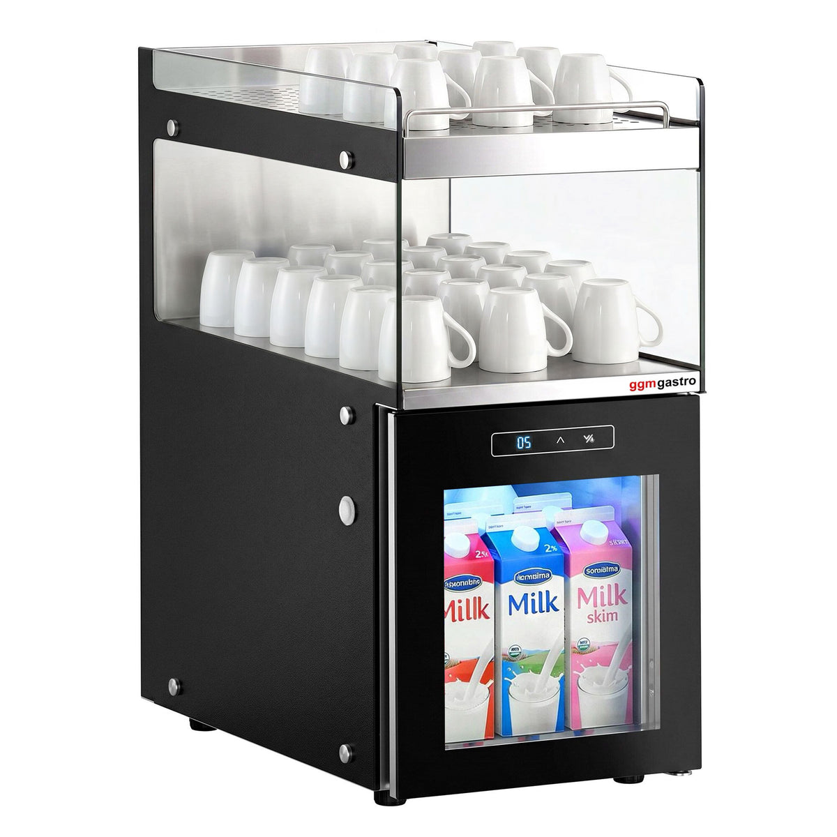Commercial Milk Fridge for Coffee Machines - 300mm - 15 Litres - 1 hinged glass door - LED lighting - digital controller with temperature display - with milk feed-through - Black - Temperature range 1 to 6 °C