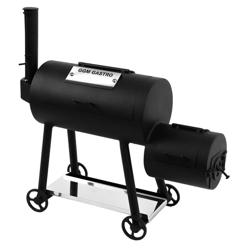Compact Commercial Offset Smoker - Manual - with 1 Racks - 450x165mm - on Wheels - Black