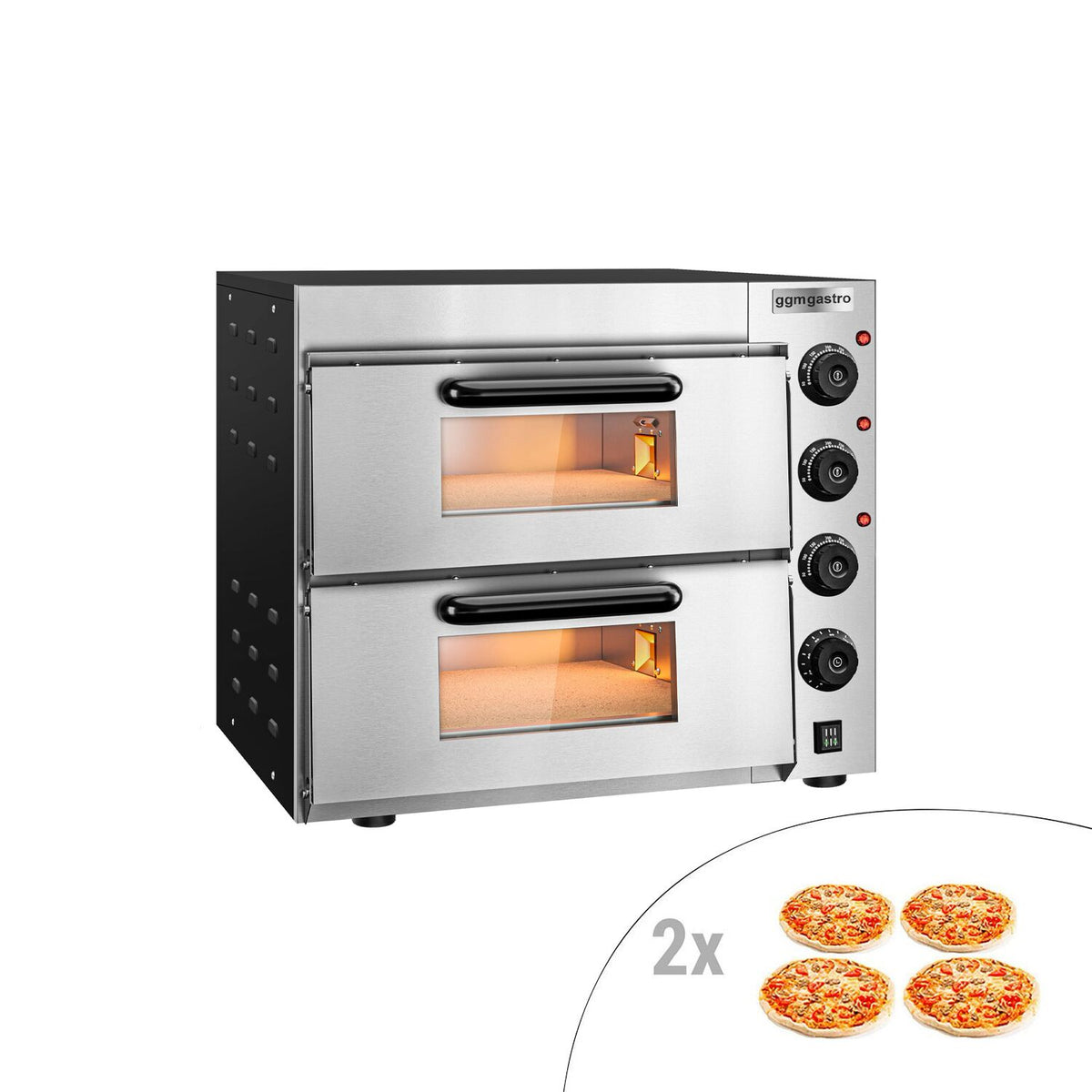 Sähköinen minipizzauuni (samottikivipohja) - 585x550 mm - 4+4 x Ø 20 cm - enintään 350 °C - Manuaalinen