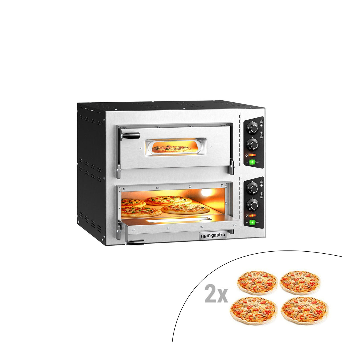 Sähköinen pizzauuni (samottikivipohja) - 725x660 mm - 4+4 x Ø 24 cm - enintään 450 °C - Manuaalinen - pinottava