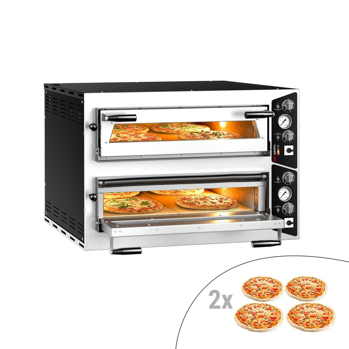 Sähköinen pizzauuni (samottikivipohja) - 990x920 mm - 4+4 x Ø 35 cm - enintään 450 °C - Manuaalinen