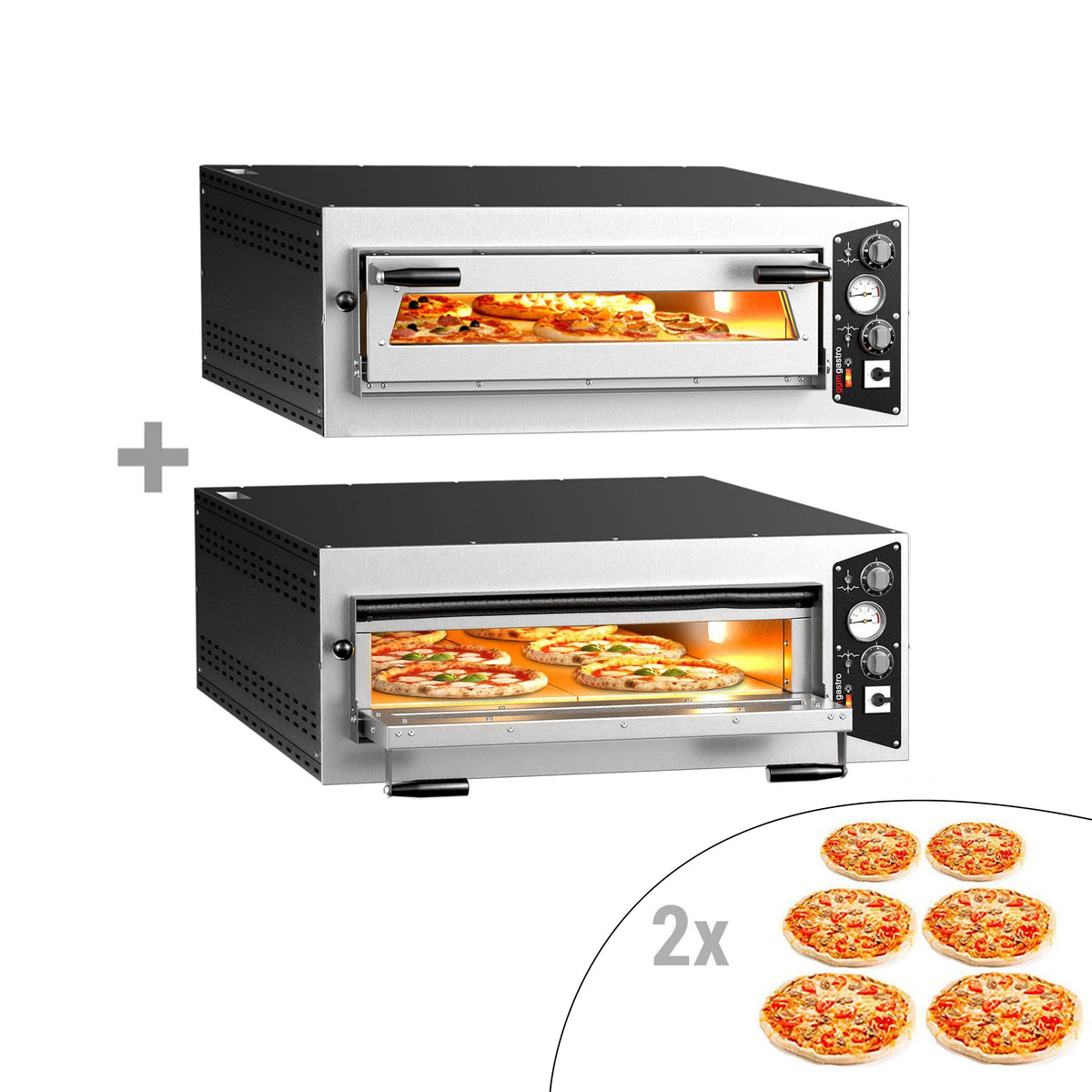 (2 kpl) Sähköinen pizzauuni (samottikivipohja) - 1270x990 mm - 6 x Ø 35 cm - enintään 450 °C - Manuaalinen - pinottava
