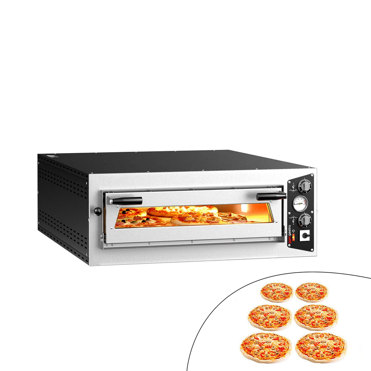 Sähköinen pizzauuni (samottikivipohja) - 1270x990 mm - 6 x Ø 35 cm (Syvä) - enintään 450 °C - Manuaalinen - pinottava - musta
