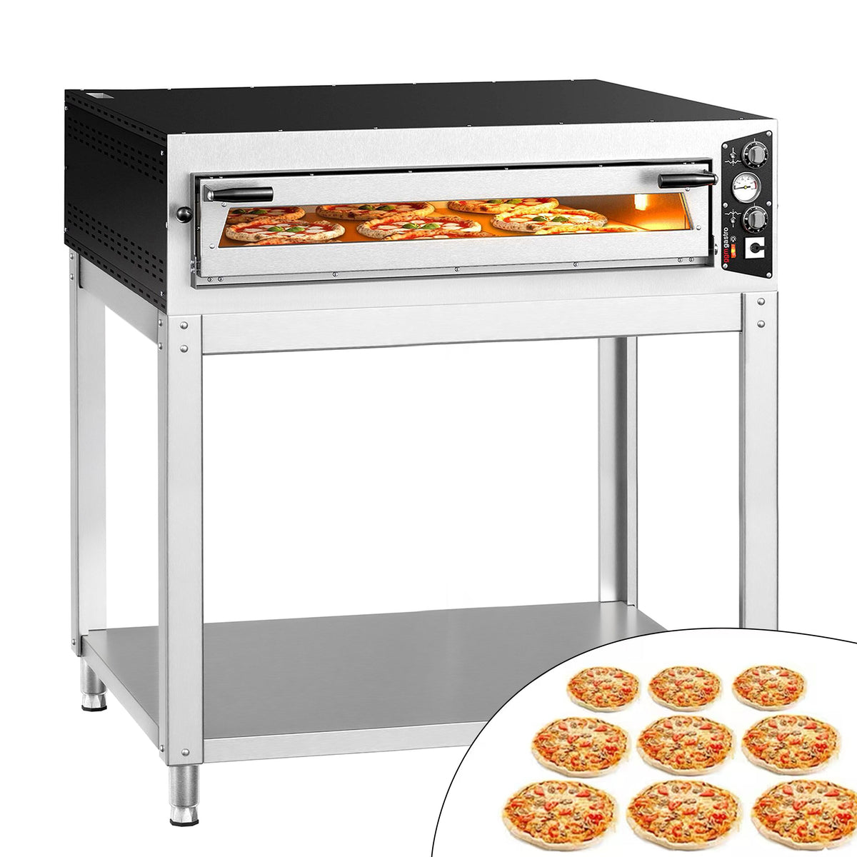 Electric Deck Pizza Oven - Single Deck - Refractory Stone Deck - 9 x Ø 34cm (13.4") - 230V 3 Phase - Mechanical Controls - up to 450°C - incl. Base frame