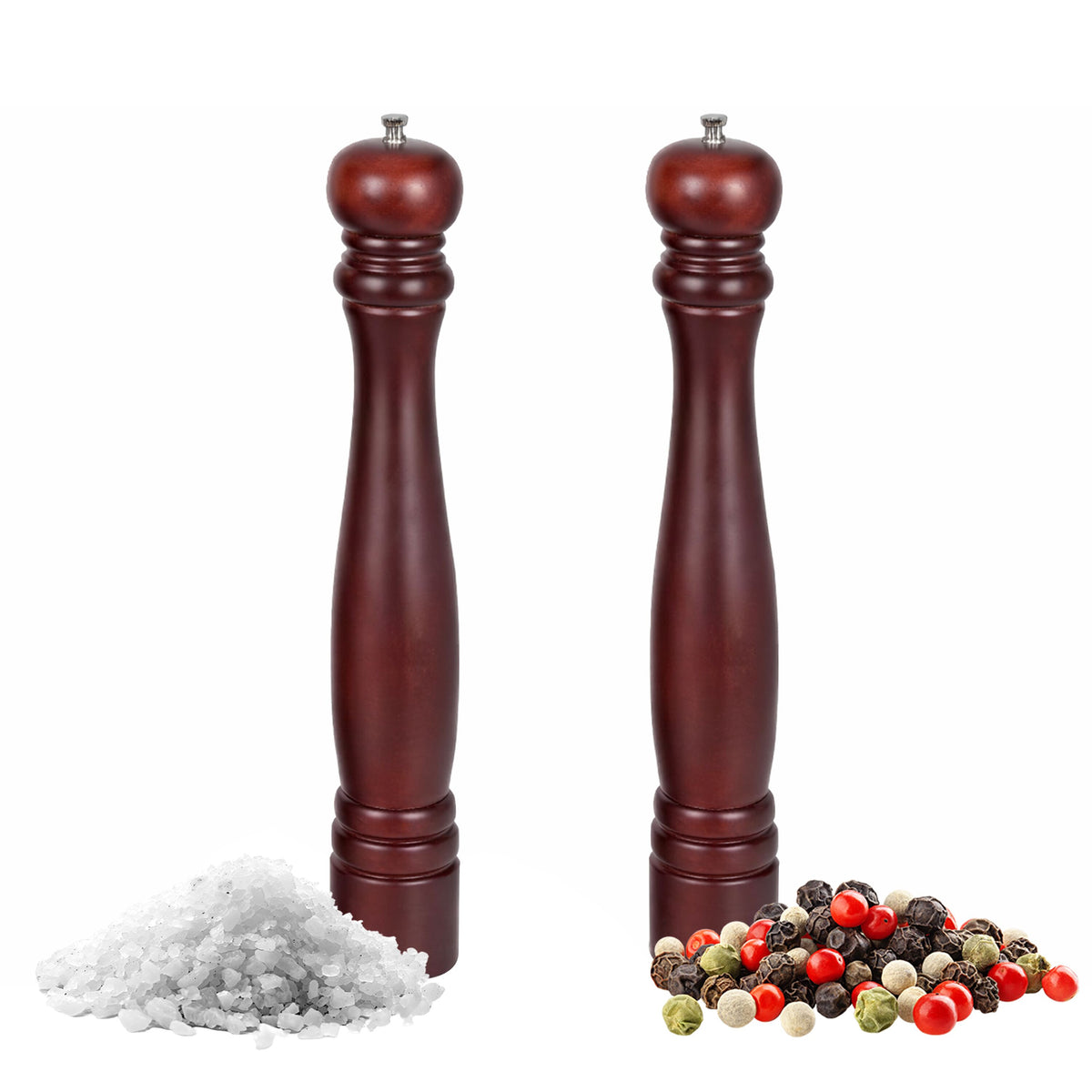 (2 pcs) Salt & Pepper Mills - Wood - Steel Grinding Mechanism - Height: 460 mm - Brown
