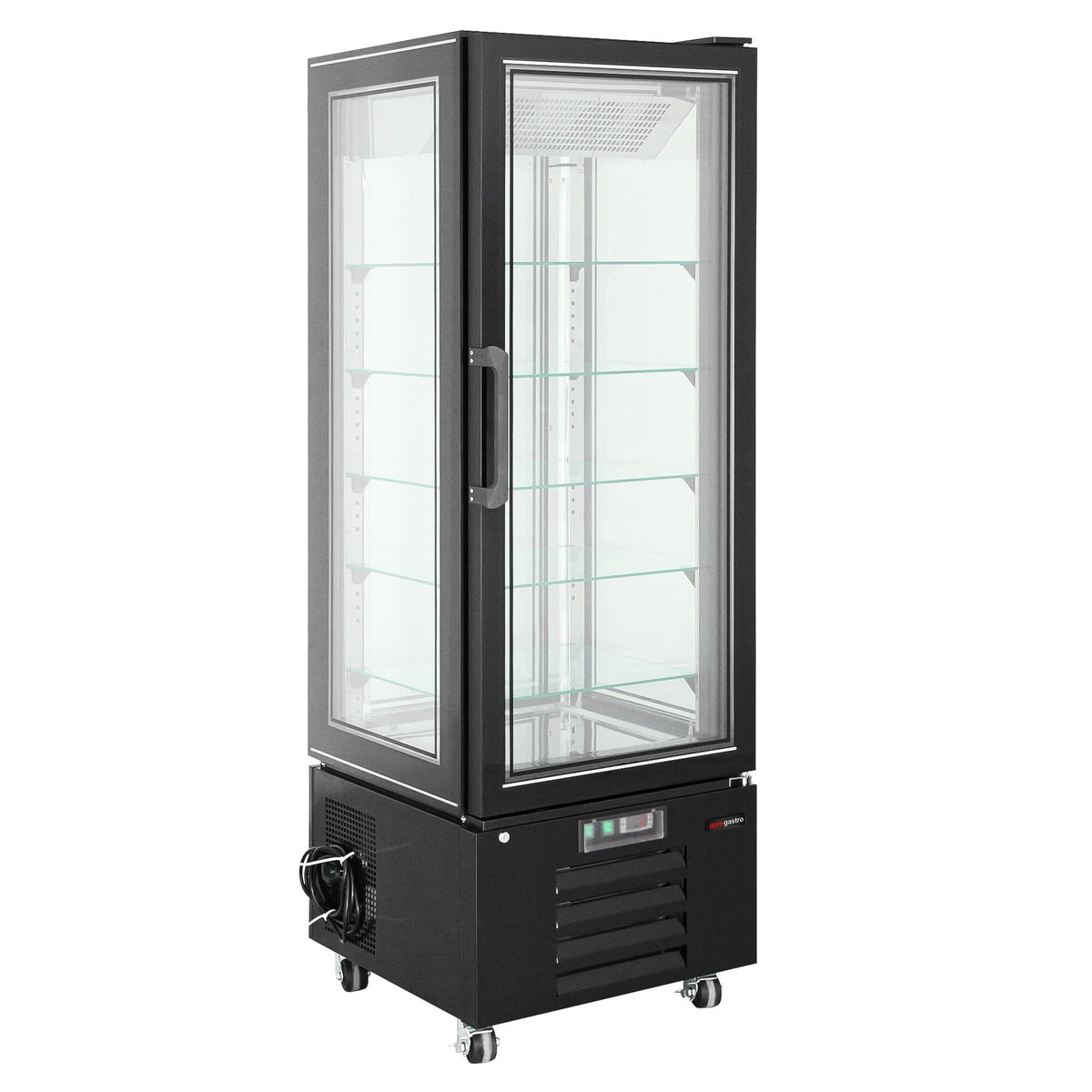 4-Sided Glass Display Fridge - 340L - 650mm - Double glazing - square - with 5 adjustable glass shelves - 1 rear glass door - Black