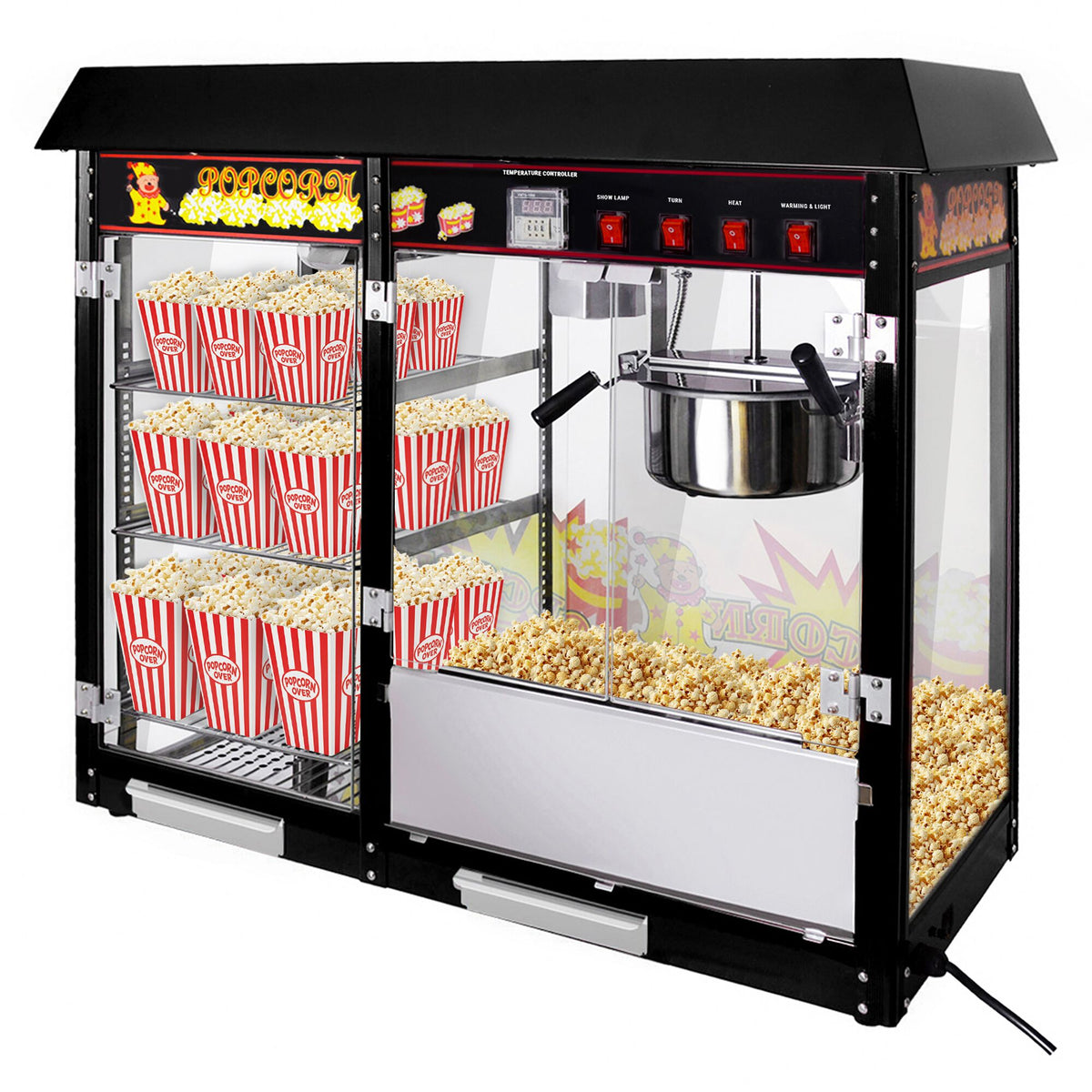 Popcornkone - 1,70 kW - 5 kg/h - varustettu: 3 lämmitettyä hyllyä - musta