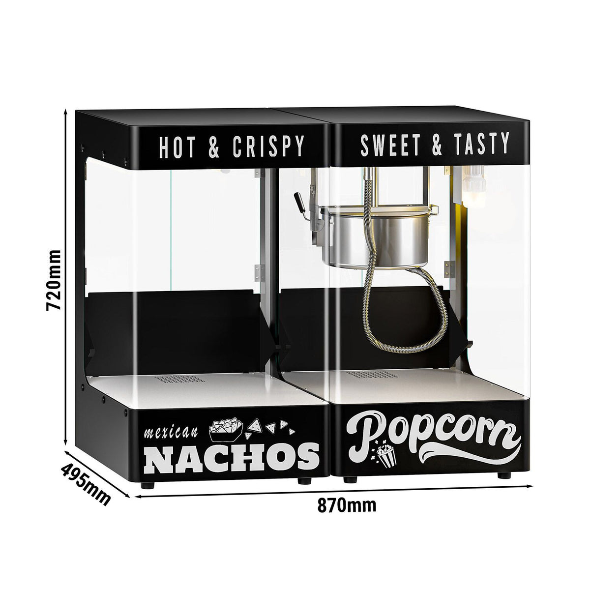 Popcornkone - nacho-lämpökaappi - 1,31 kW - 5 kg/h - varustettu: 1 kattila - musta