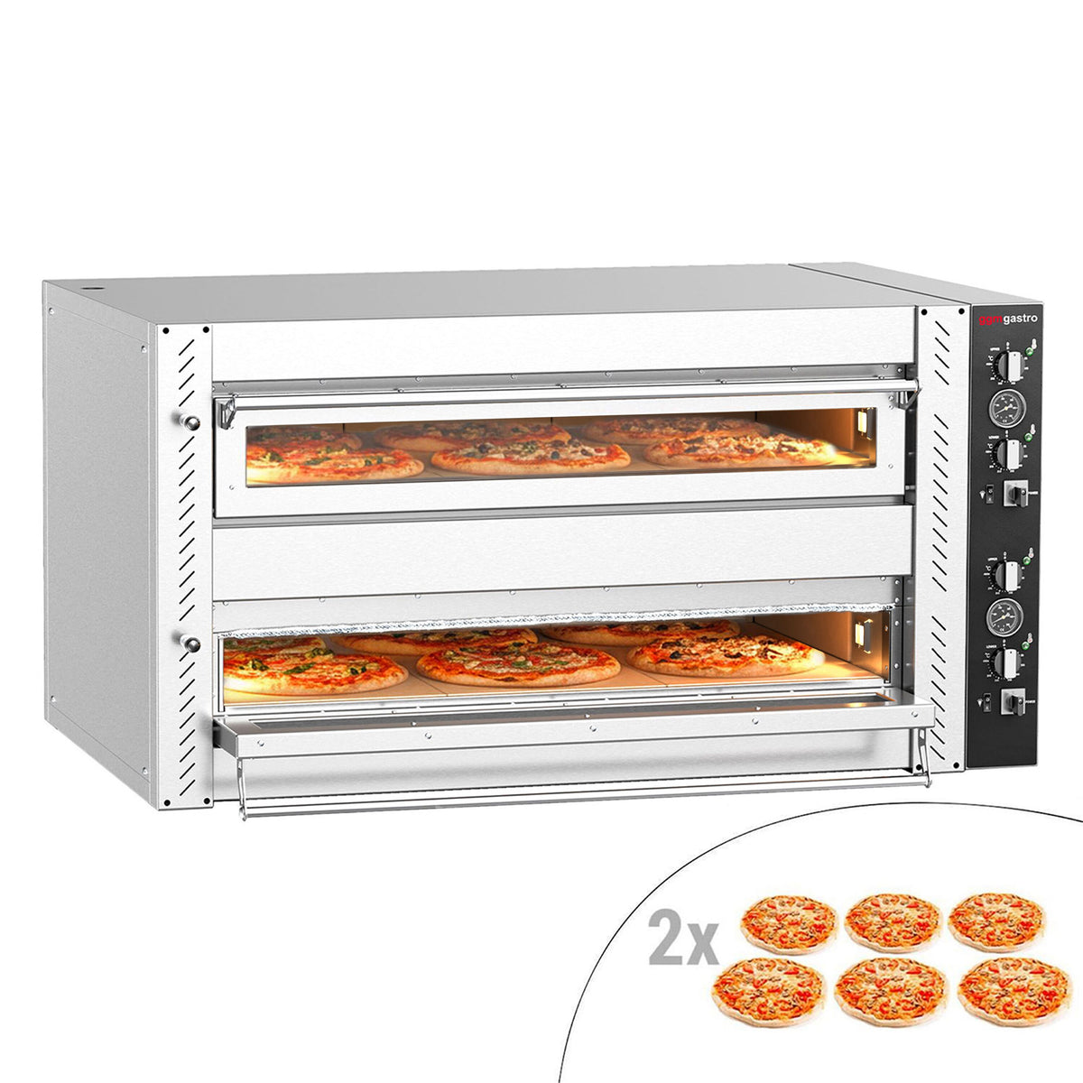Sähköinen pizzauuni (täyssamotti) - 1350x850 mm - 6+6 x Ø 30 cm - enintään 450 °C - Manuaalinen
