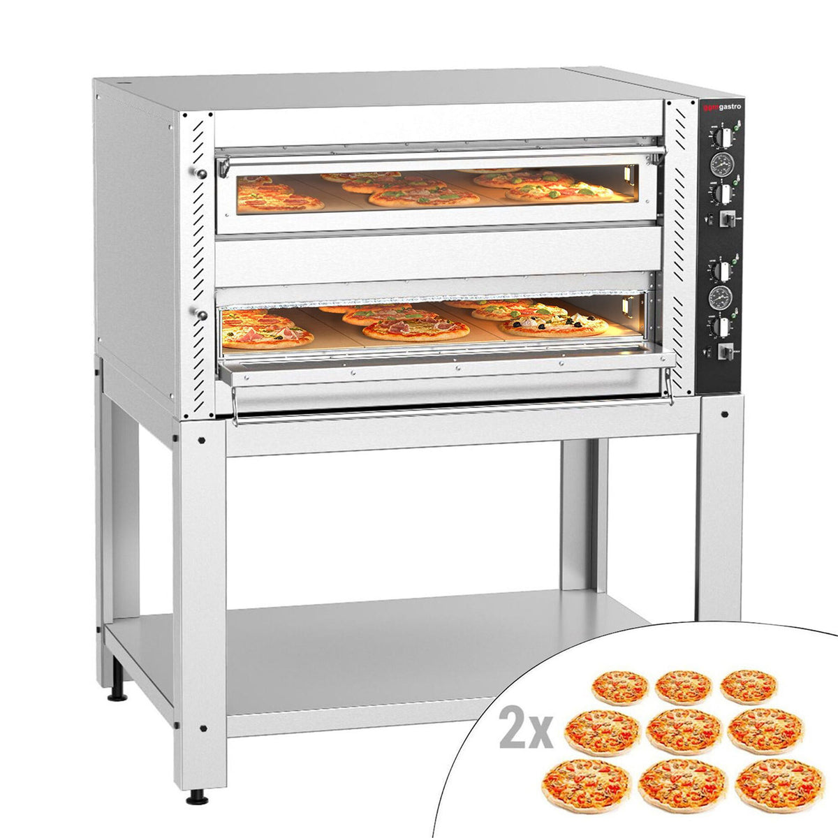 Sähköinen pizzauuni (samottikivipohja) - 1320x1150 mm - 9+9 x Ø 30 cm - enintään 450 °C - Manuaalinen - sis. alustarunko