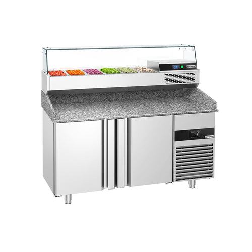 Commercial Pizza Prep Counter - Granite Top PREMIUM - 1550x800mm - with 2 doors - incl. refrigerated topping unit with glass sneeze guard - 6x GN 1/3