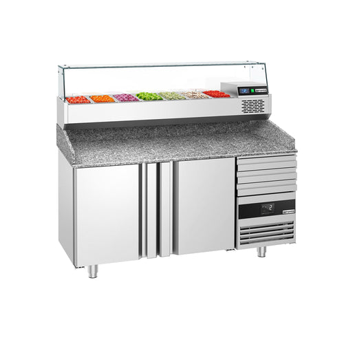 Commercial Pizza Prep Counter - Granite Top PREMIUM - 1700x800mm - with 2 doors & 3 drawers - incl. refrigerated topping unit with glass sneeze guard - 7x GN 1/3