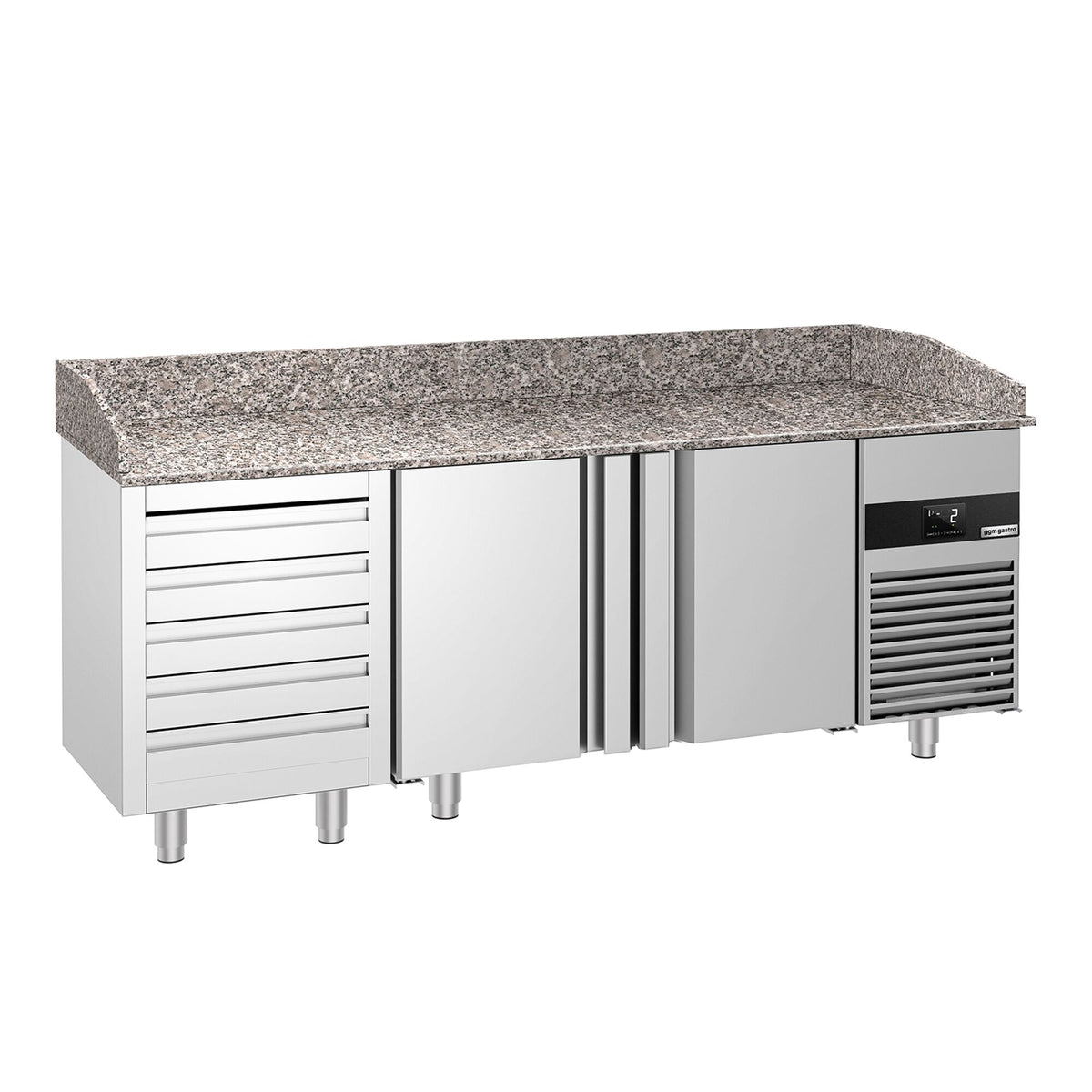 Commercial Pizza Prep Counter - Granite Top PREMIUM - 2100x800mm - with 2 doors & 5 drawers