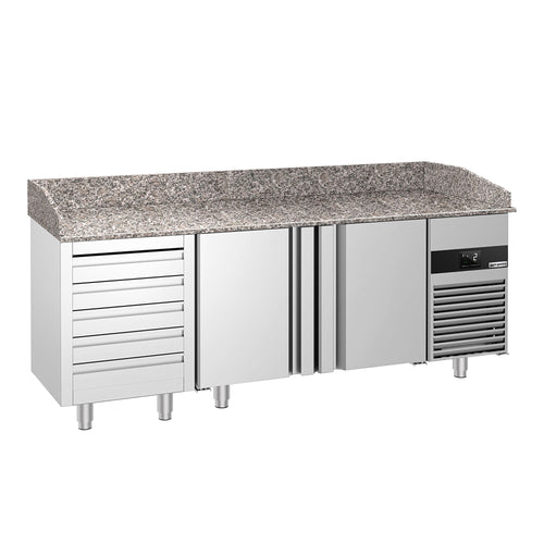 Commercial Pizza Prep Counter - Granite Top PREMIUM - 2100x800mm - with 2 doors & 5 drawers
