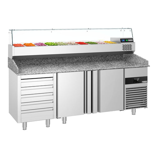 Commercial Pizza Prep Counter - Granite Top PREMIUM - 2100x800mm - with 2 doors & 5 drawers - incl. refrigerated topping unit with glass sneeze guard - 10x GN 1/3