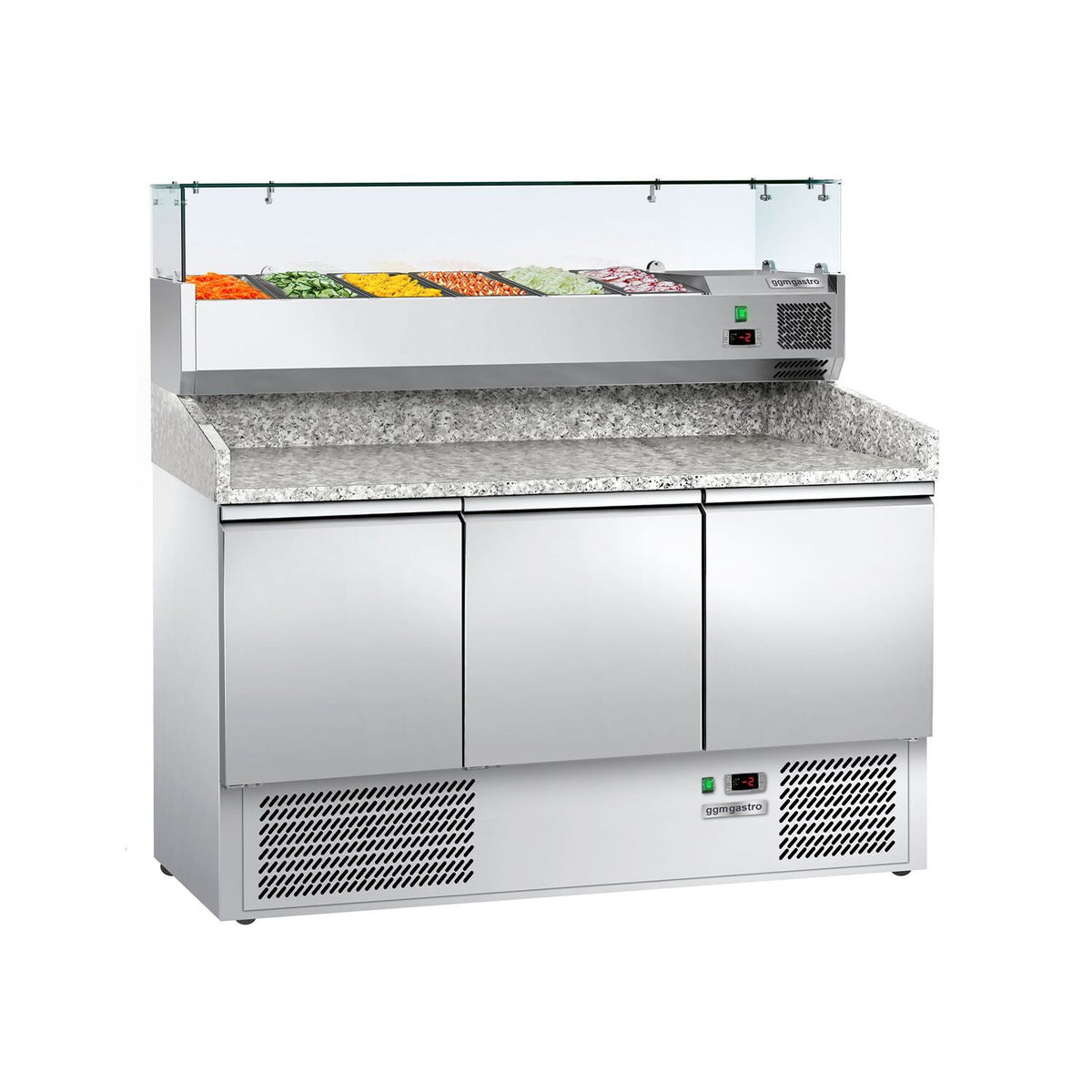 Pizzakylmäpöytä ECO - 1400x700 mm - 3 ovea - sis. kylmävitriini lasisuojuksella - 6 GN 1/4 -astiaa
