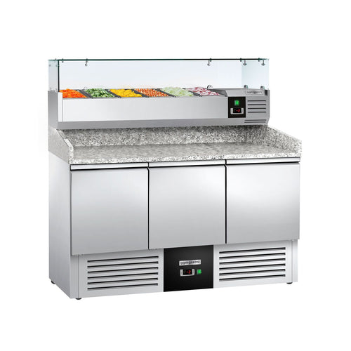 Pizzakylmäpöytä PREMIUM - 1400x700 mm - 3 ovea - sis. kylmävitriini lasisuojuksella - 6 GN 1/4 -astiaa