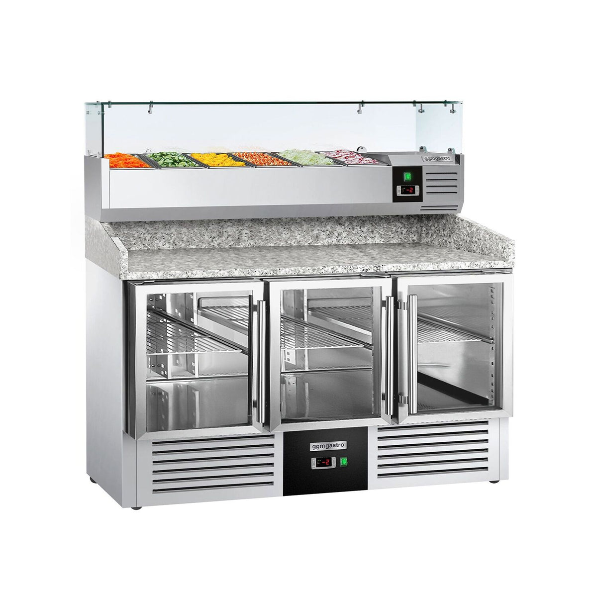 Pizzakylmäpöytä PREMIUM - 1400x700 mm - 3 lasiovea - sis. kylmävitriini lasisuojuksella - 6 x GN 1/4 -astiaa