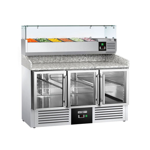 Pizzakylmäpöytä PREMIUM - 1400x700 mm - 3 lasiovea - sis. kylmävitriini lasisuojuksella - 6 x GN 1/4 -astiaa