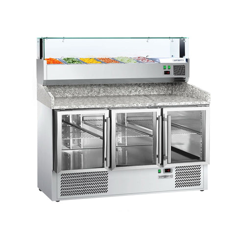 Commercial Pizza Prep Counter - Granite Top ECO - 1400x700mm - with 3 glass doors - incl. refrigerated topping unit with glass sneeze guard LED - 6x GN 1/4