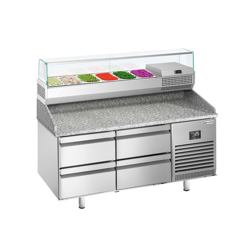 Pizzakylmäpöytä PREMIUM PLUS - 1490x700 mm - 4 vetolaatikkoa - sis. kylmävitriini - 6 x GN 1/4 -astiaa