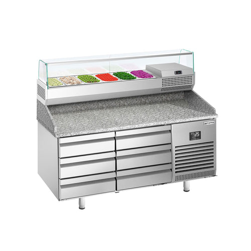 Pizzakylmäpöytä PREMIUM PLUS - 1490x700 mm - 6 vetolaatikkoa - sis. kylmävitriini lasisuojuksella - 6 x GN 1/4 -astiaa