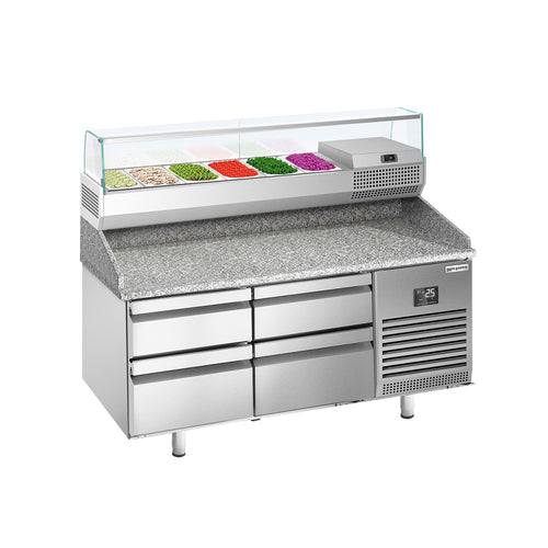 Pizzakylmäpöytä PREMIUM PLUS - 1490x700 mm - 4 vetolaatikkoa - sis. kylmävitriini lasisuojuksella - 6 x GN 1/4 -astiaa