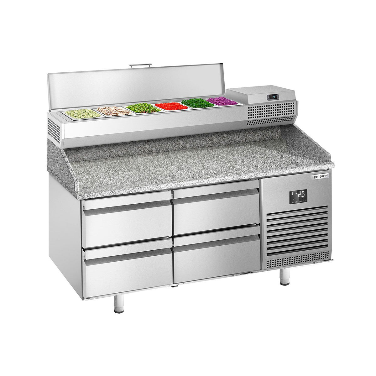 Commercial Pizza Prep Counter - Granite Top PREMIUM PLUS - 1490x700mm - with 0 doors & 4 dough drawers - incl. refrigerated topping unit - 6x GN 1/4