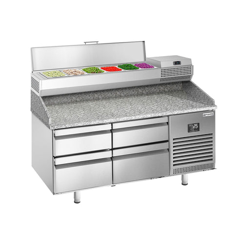Pizzakylmäpöytä PREMIUM PLUS - 1490x700 mm - 4 vetolaatikkoa - sis. kylmävitriini - 6 x GN 1/4 -astiaa