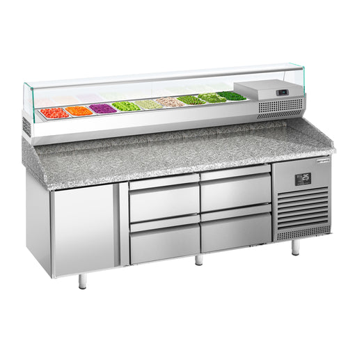 Pizzakylmäpöytä PREMIUM PLUS - 1980x700 mm - 1 ovea & 4 vetolaatikkoa - sis. kylmävitriini lasisuojuksella - 9 x GN 1/4 -astiaa