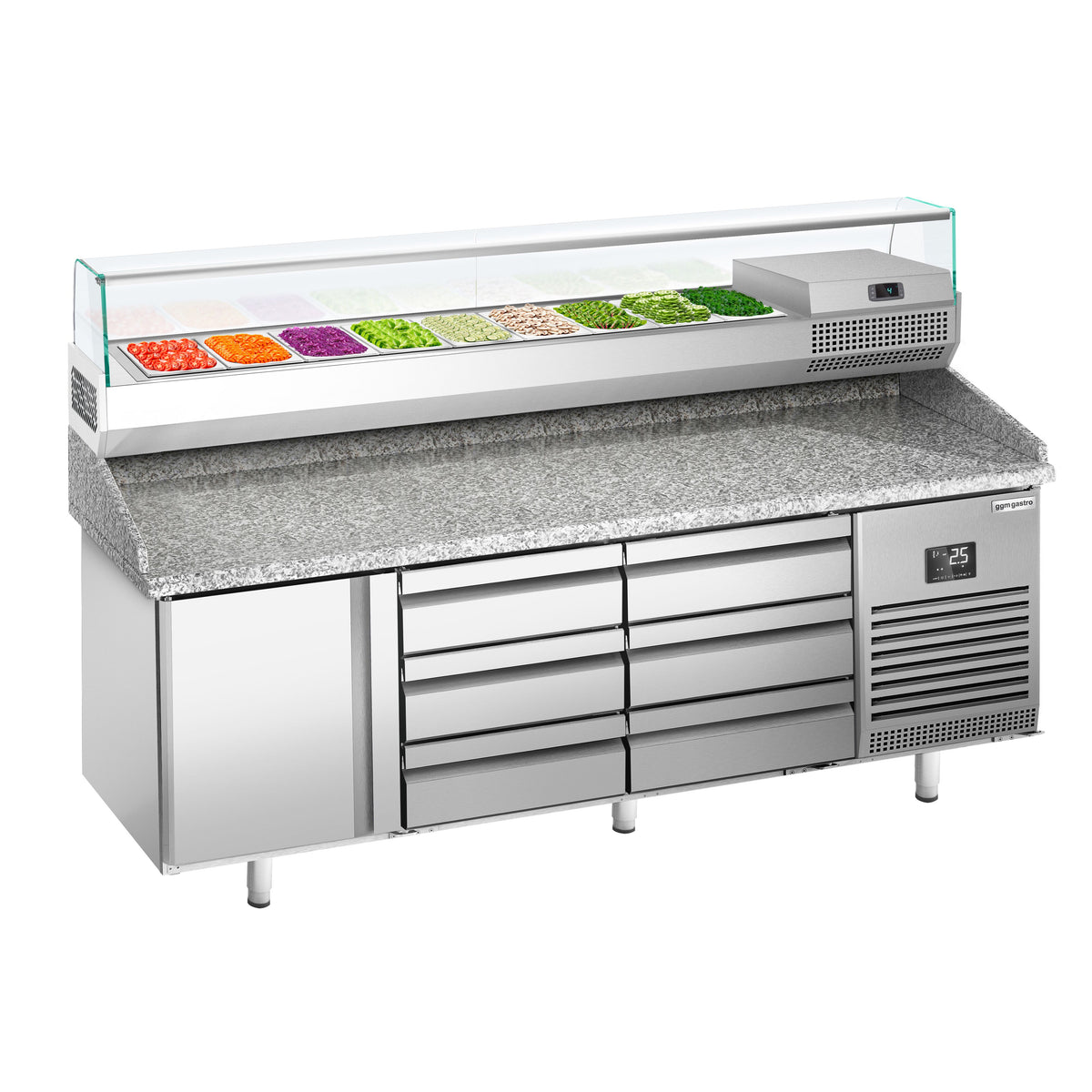 Pizzakylmäpöytä PREMIUM PLUS - 1980x700 mm - 1 ovea & 6 vetolaatikkoa - sis. kylmävitriini lasisuojuksella - 9 x GN 1/4 -astiaa