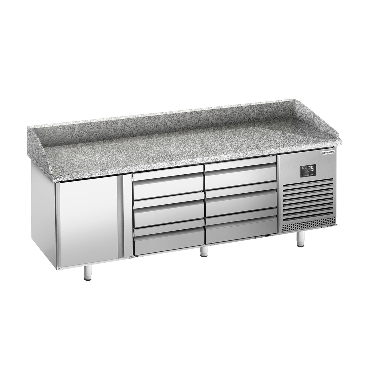 Commercial Pizza Prep Counter - Granite Top PREMIUM PLUS - 1980x700mm - with 1 doors & 6 drawers - incl. refrigerated topping unit - 11x GN 1/4