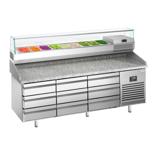 Pizzakylmäpöytä PREMIUM PLUS - 1980x700 mm - 9 vetolaatikkoa - sis. kylmävitriini - 9 GN 1/4 -astiaa